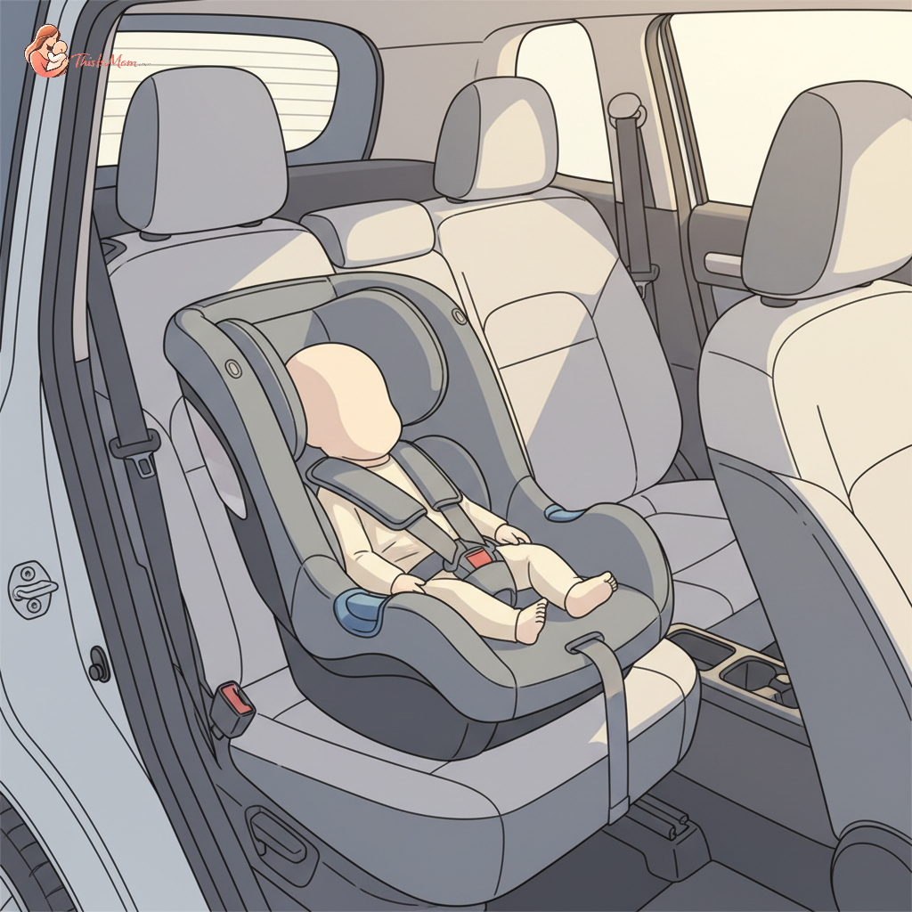 Infant car seat securely installed in the back seat of a compact car, demonstrating a snug fit with limited space.