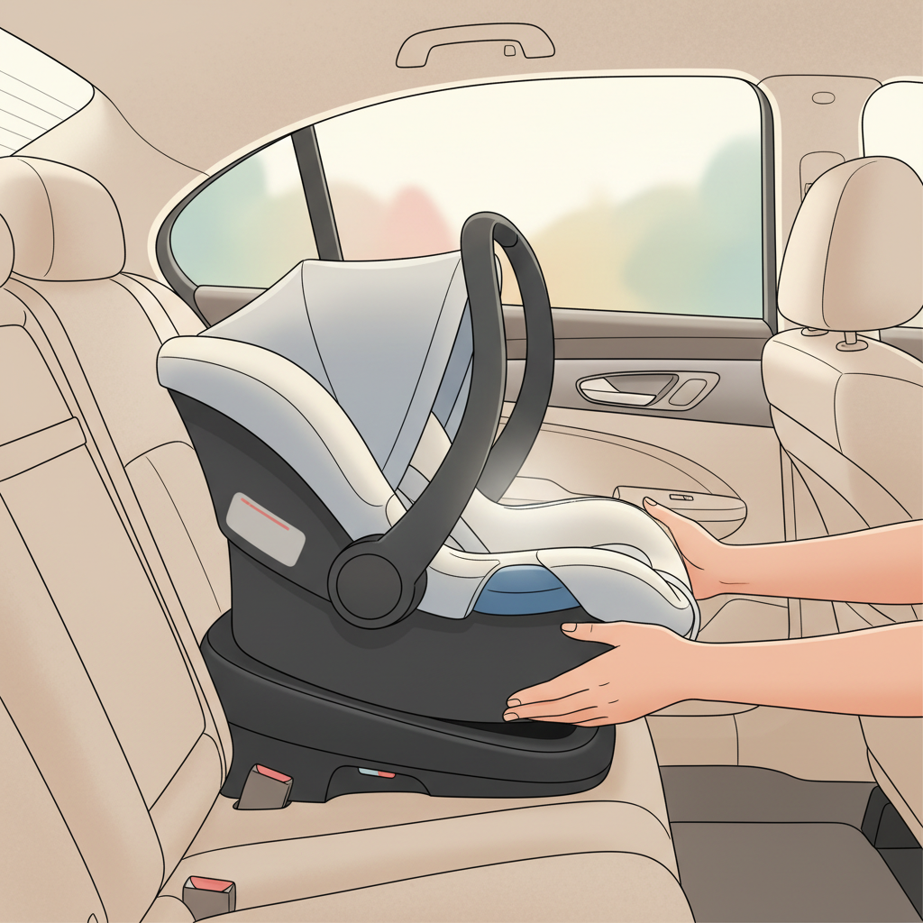 Compact infant car seat being installed in the back seat of a small sedan.