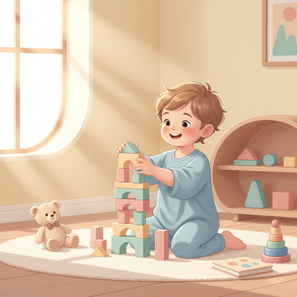 A happy 2-year-old child in a brightly lit room happily building a tall tower with colorful wooden blocks, surrounded by other toys like a toy car and a book.