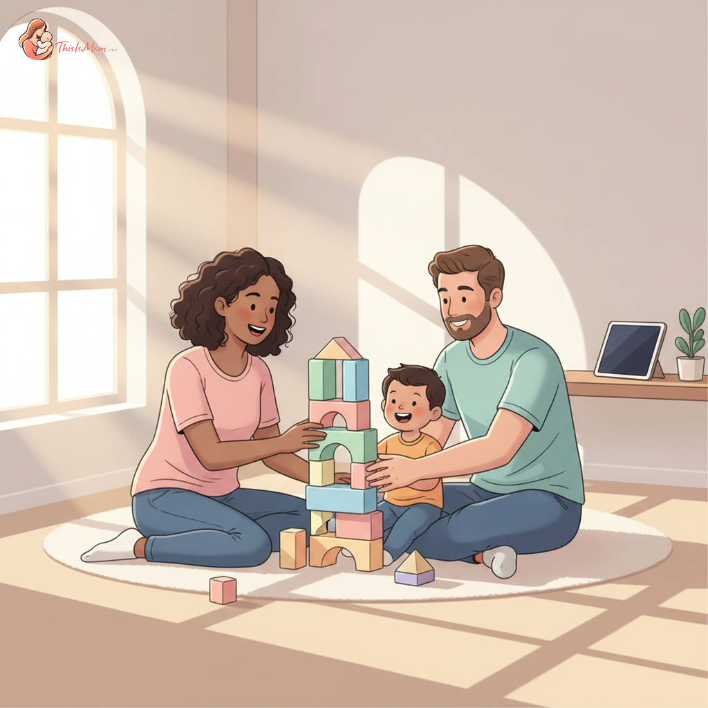 A diverse family - a mother, father, and their happy 3-year-old child - laughing together while building a colorful block tower on the living room floor, with soft, natural light coming through a window. A tablet can be seen in the background on a shelf, turned off.