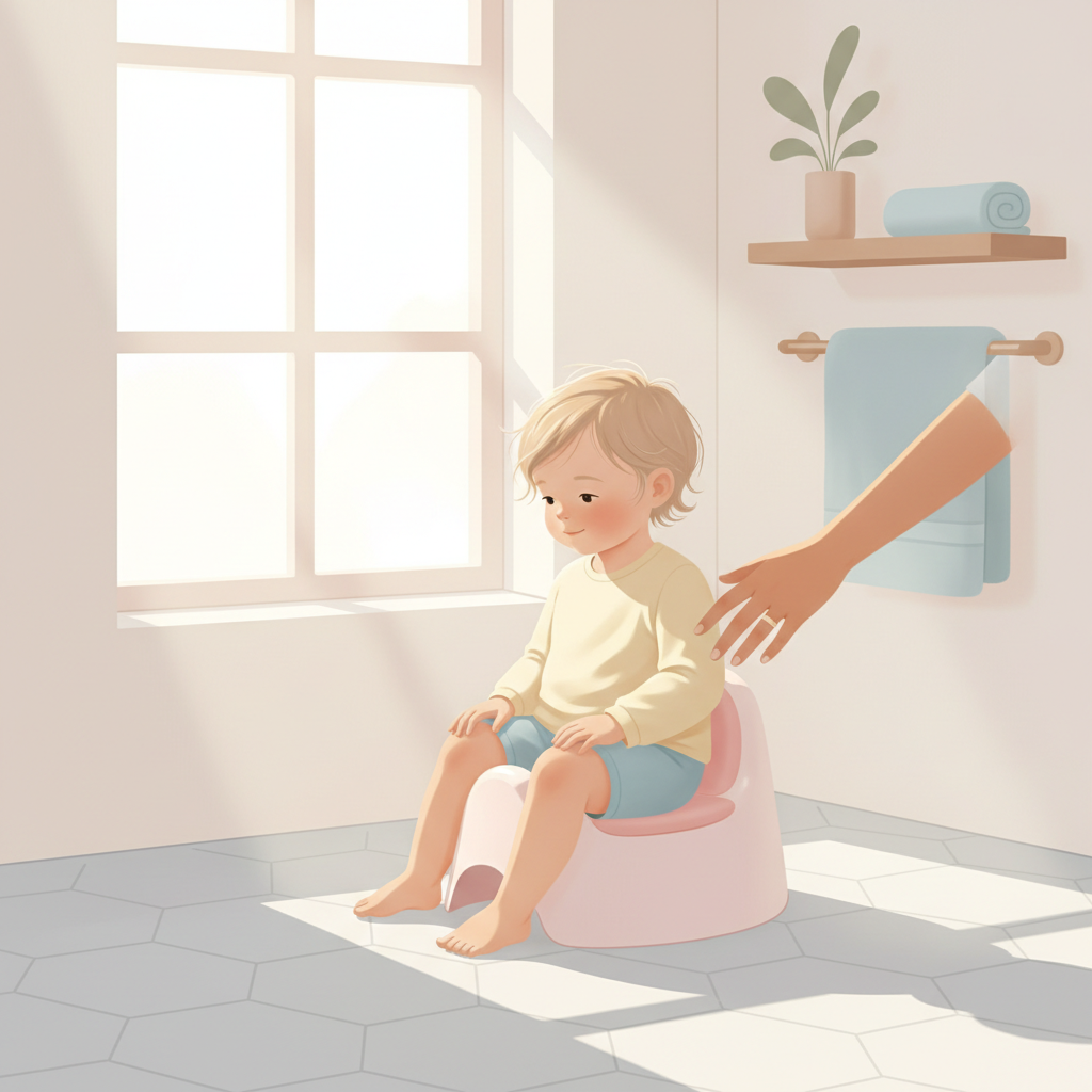 A calm toddler sitting comfortably on a child-sized soft-cushioned potty chair in a brightly lit, simple bathroom, surrounded by gentle, light-colored decor, with a parent’s supportive hand nearby.