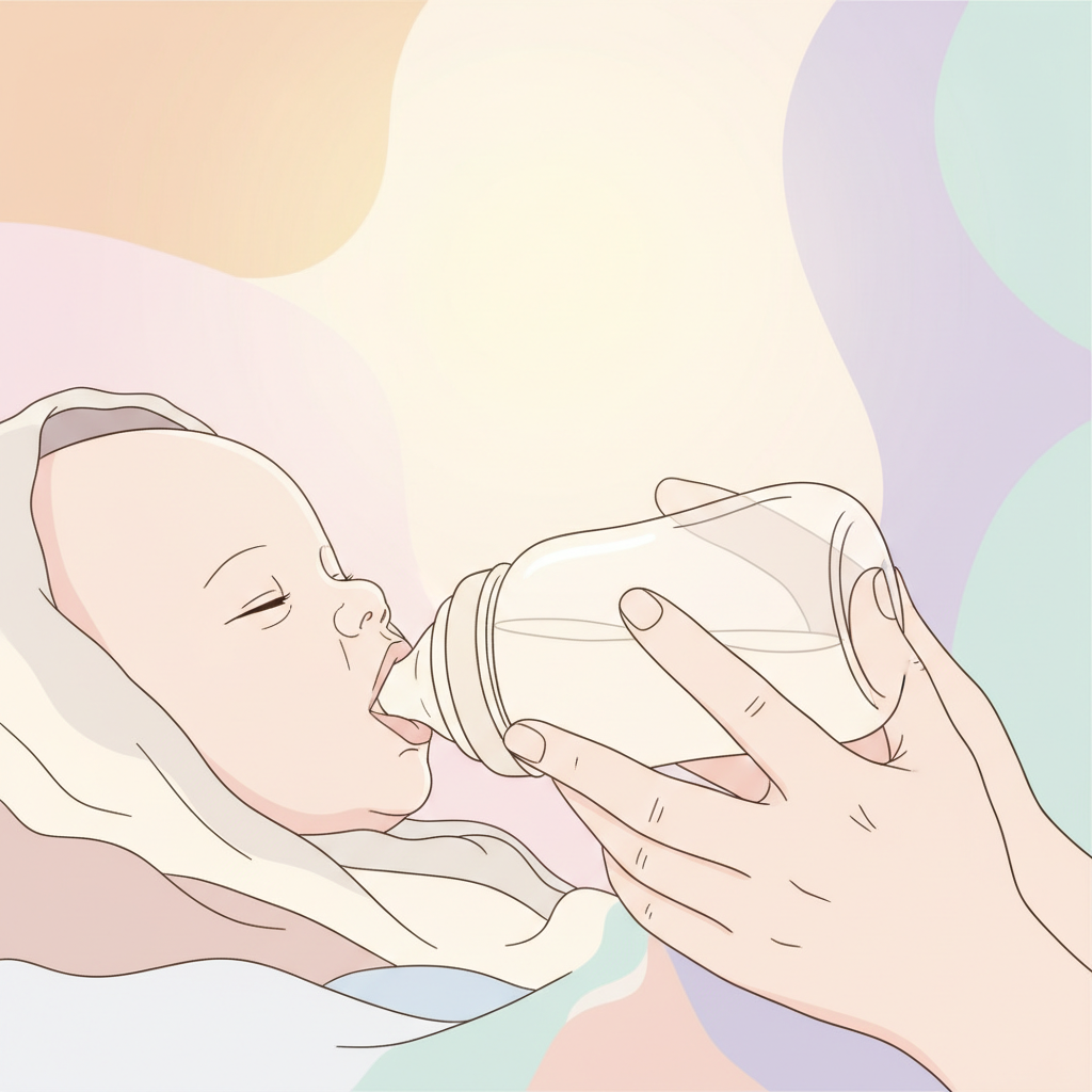 A close-up of a parent's hands gently holding a baby bottle to a baby's mouth, with the baby's face showing a calm expression. The background is softly blurred to suggest a cozy home environment.