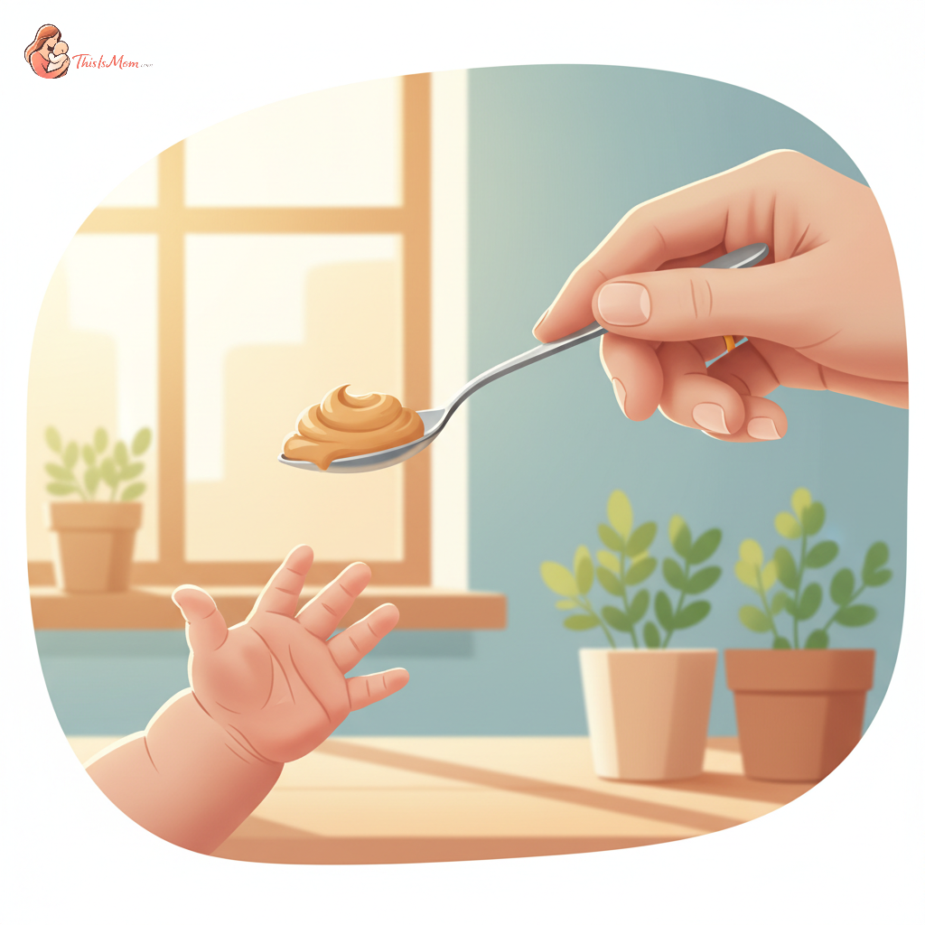 A close-up of a baby's hand reaching for a spoonful of thinned smooth peanut butter mixed into a small bowl, with a loving parent's blurred hand gently guiding. The background shows a soft, warm kitchen setting.