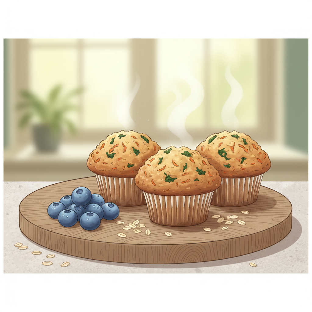 Close-up of a plate with three colorful, homemade toddler muffins, one slightly broken to show texture.