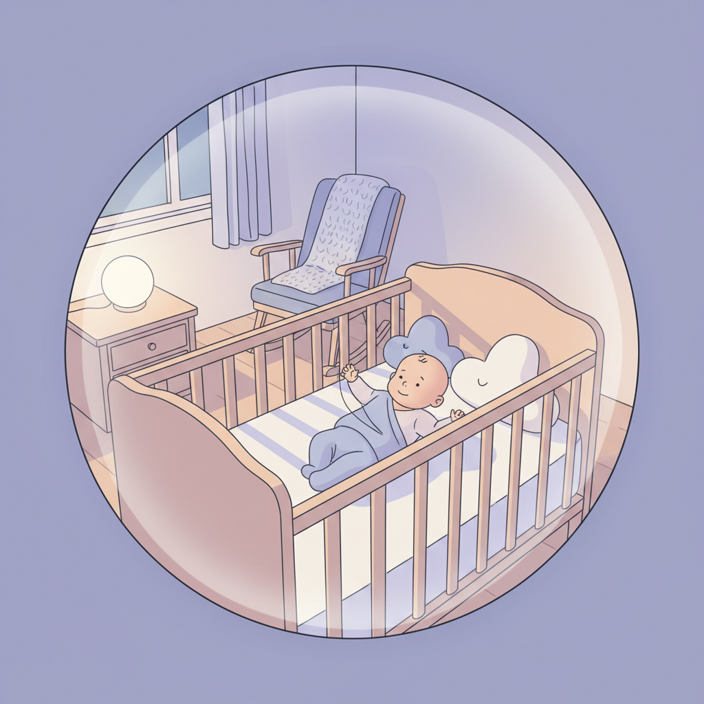 Parent looking concerned at a baby monitor showing a baby fussing in a crib