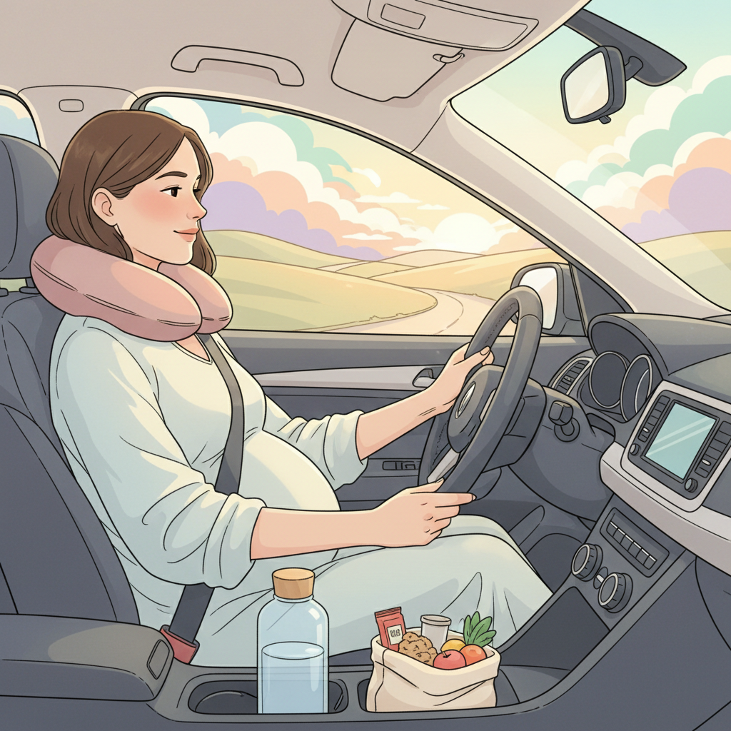 Pregnant woman driving a car looking comfortable and relaxed, with a seatbelt properly positioned over her hips and between her breasts.