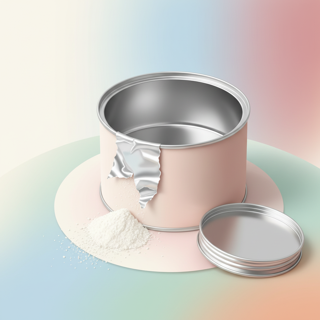 A close-up shot of a baby formula can with its lid slightly ajar, indicating a broken seal.