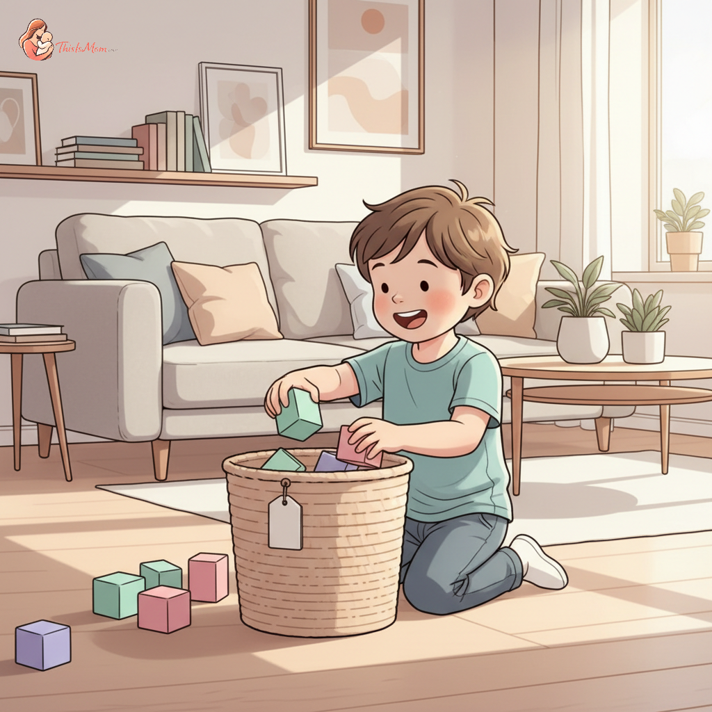 A child helping to put away toys in a bright, tidy living room, demonstrating responsibility.