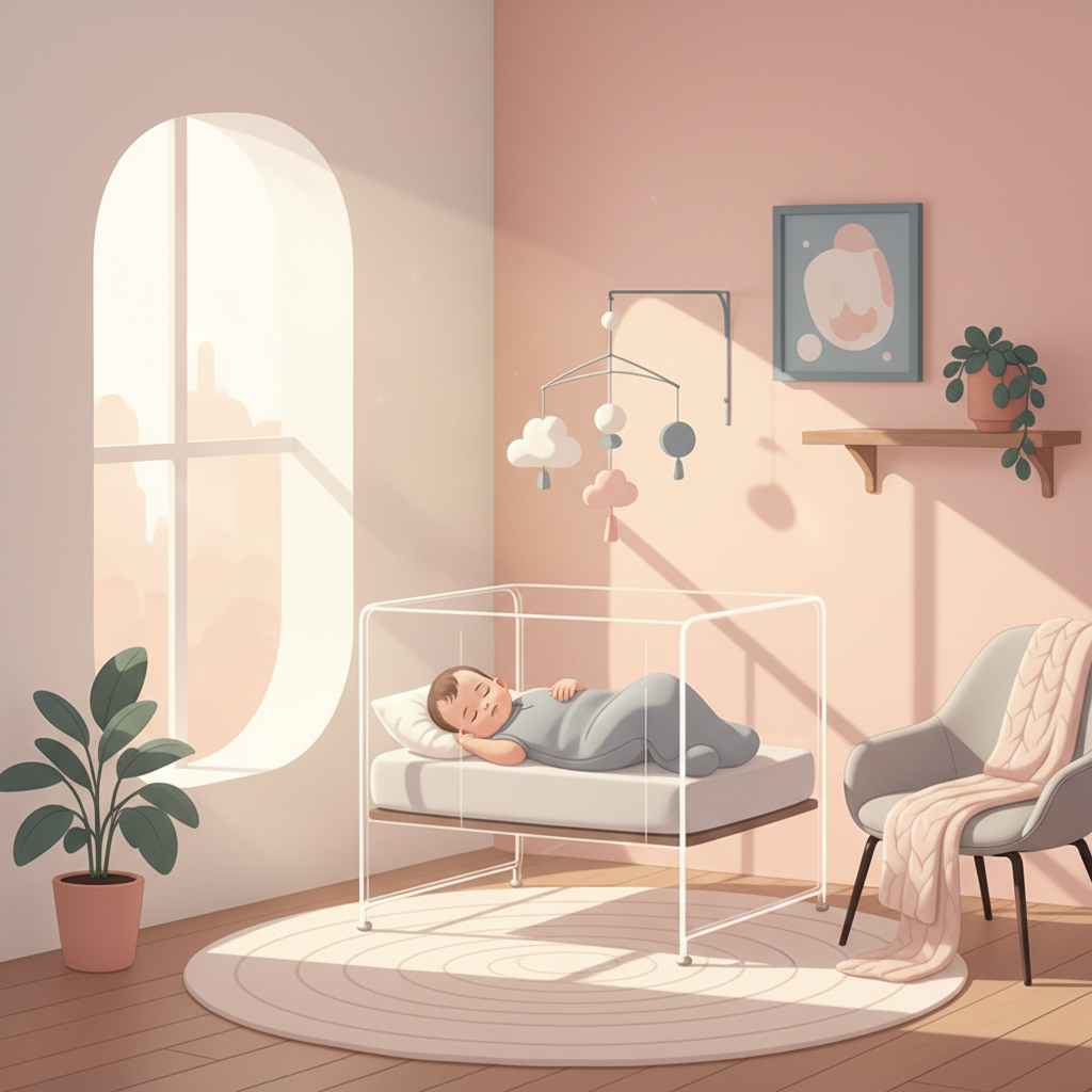 A baby sleeping soundly in a crib with a sleep sack, with a warm, soft glow in the nursery.