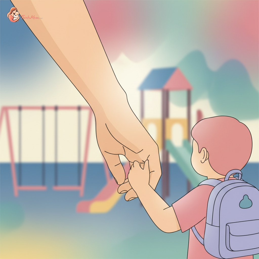 A caring parent gently guiding their child with a backpack towards a brightly lit school building, conveying support and encouragement, not force.