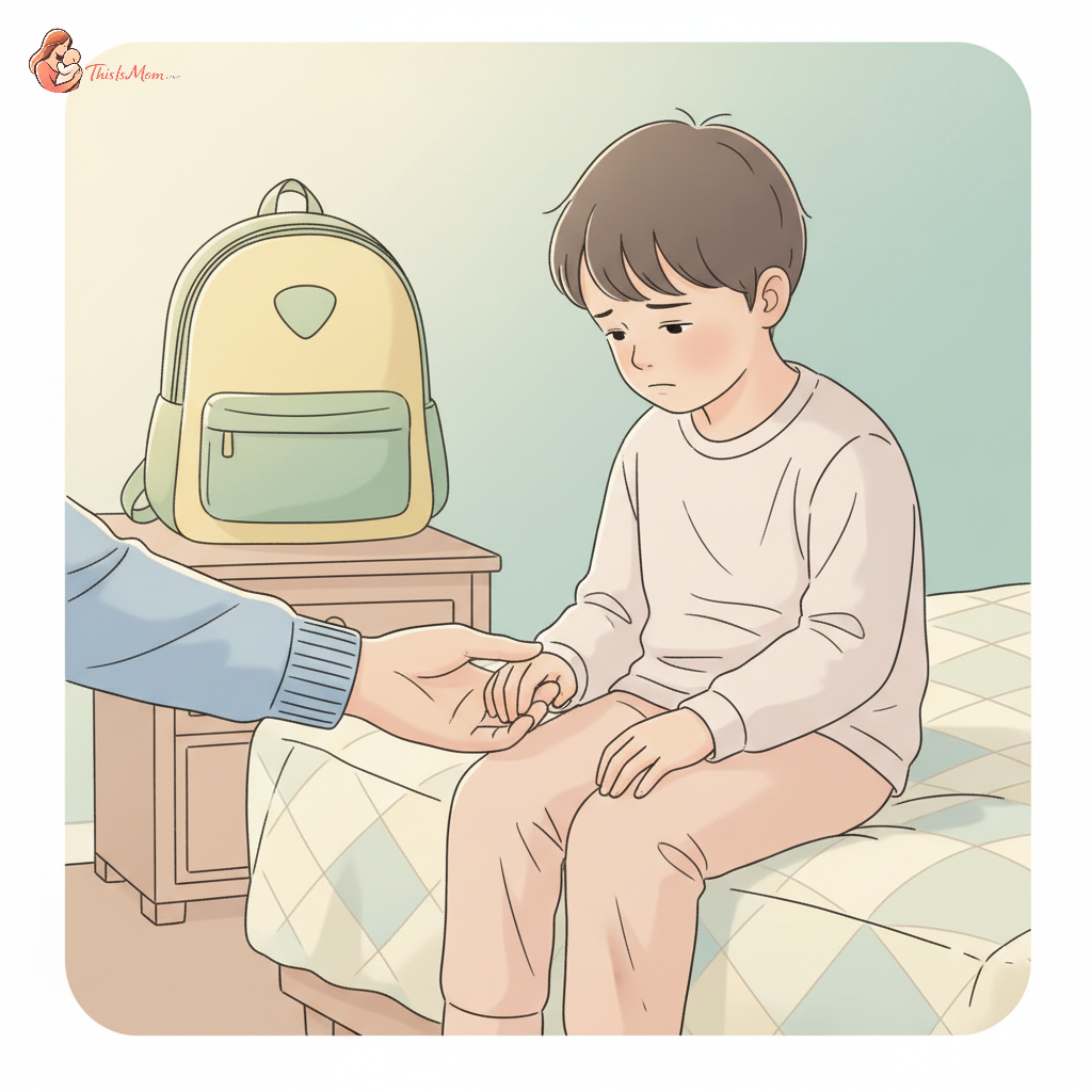 A concerned parent comforting a child who is looking away from a school backpack, symbolizing school refusal.