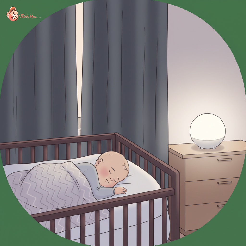A calm baby sleeping peacefully in a dimly lit crib with a white noise machine in the background, showing comfort and security.