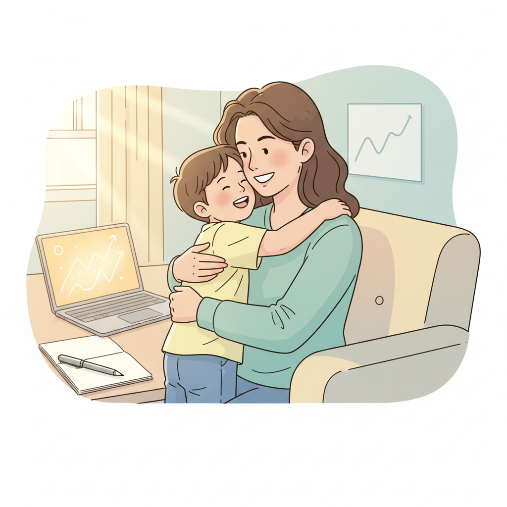 A single parent smiling and embracing their child, with financial documents faintly visible in the background, symbolizing security and planning.