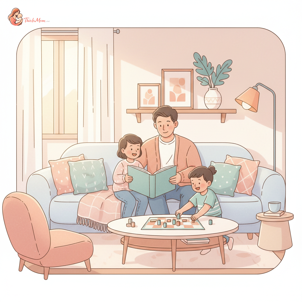 A diverse family, including a stay-at-home parent and two children, sitting together in a cozy living room, looking happy and secure. A subtle, transparent financial graph overlays the scene, indicating security and planning.