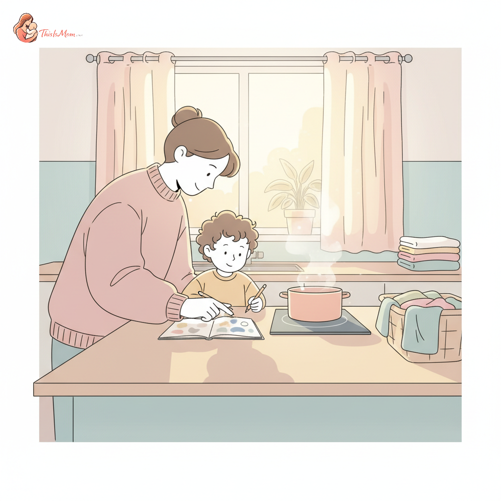 A stay-at-home parent smiling while juggling multiple tasks with children in a bright, organized home environment.