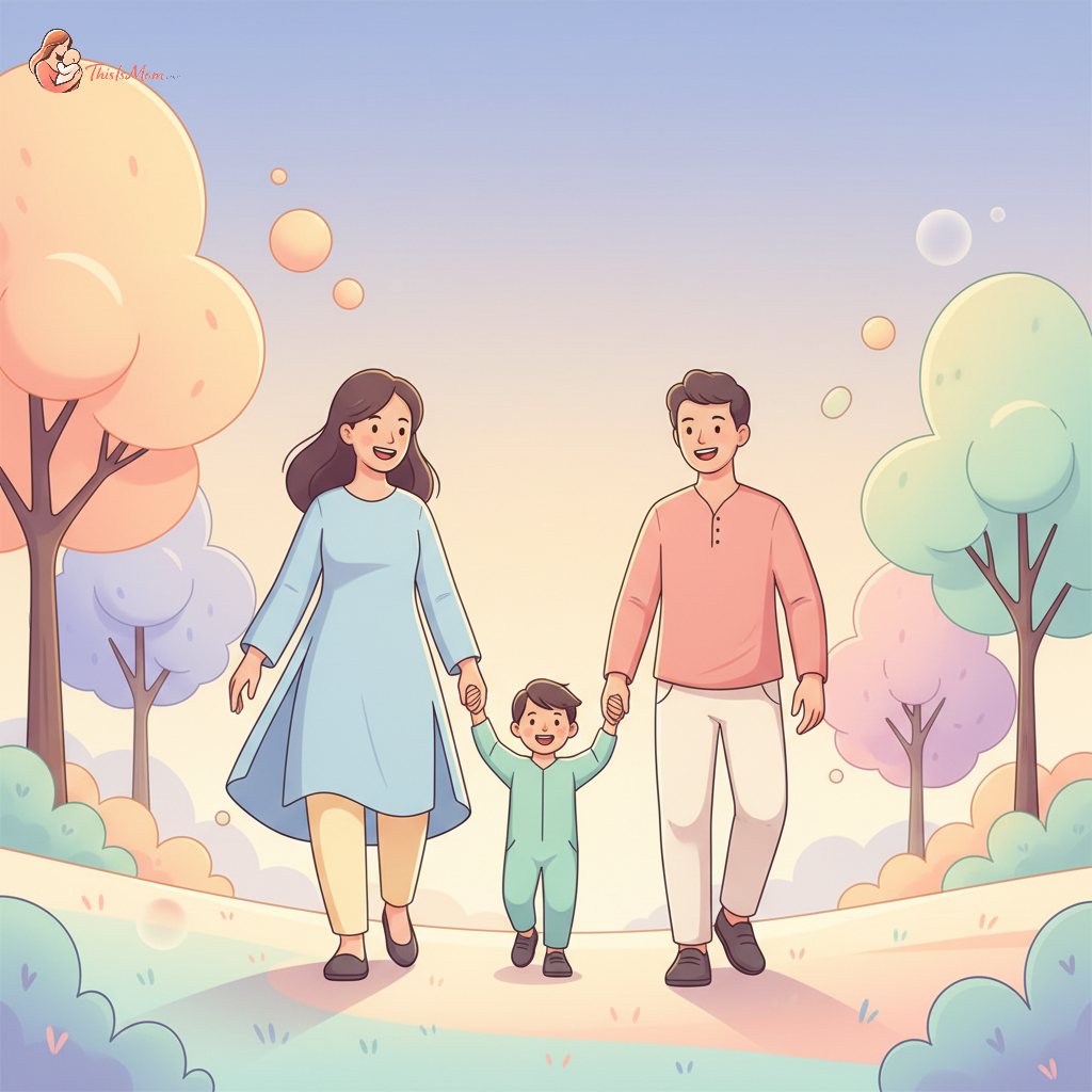 A family of three (two parents, one young child) holding hands and walking in a park, smiling. The sky is bright and clear, conveying a sense of security and future planning.