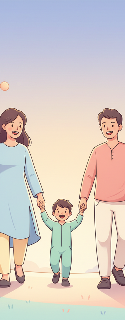 A family of three (two parents, one young child) holding hands and walking in a park, smiling. The sky is bright and clear, conveying a sense of security and future planning.