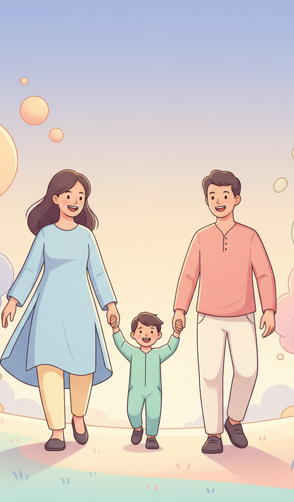 A family of three (two parents, one young child) holding hands and walking in a park, smiling. The sky is bright and clear, conveying a sense of security and future planning.