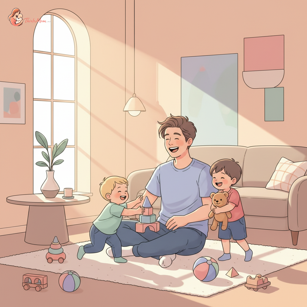 Happy family, including a stay-at-home parent playing with children, illustrating financial security and family well-being.