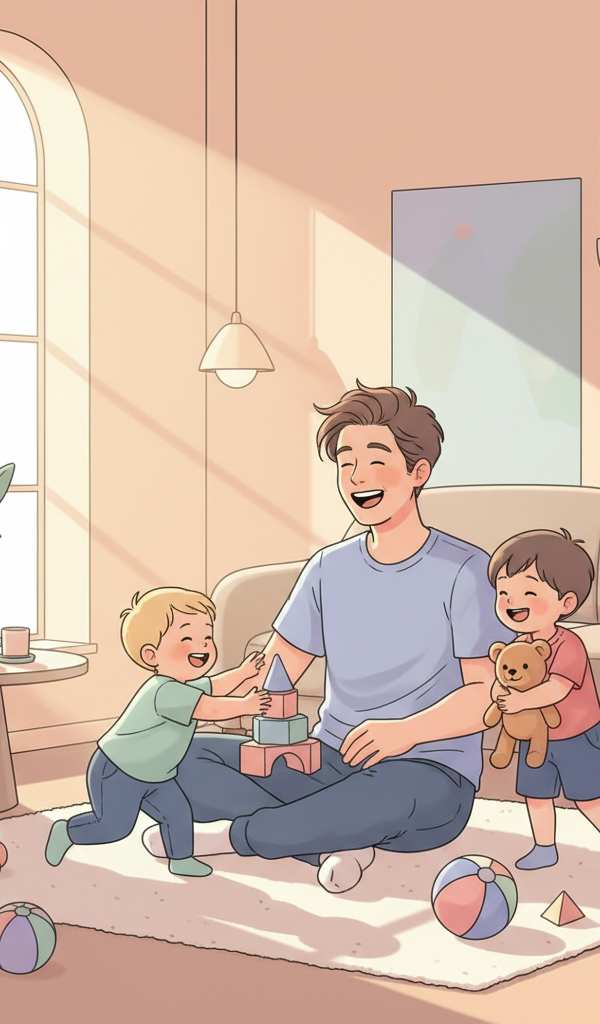 Happy family, including a stay-at-home parent playing with children, illustrating financial security and family well-being.