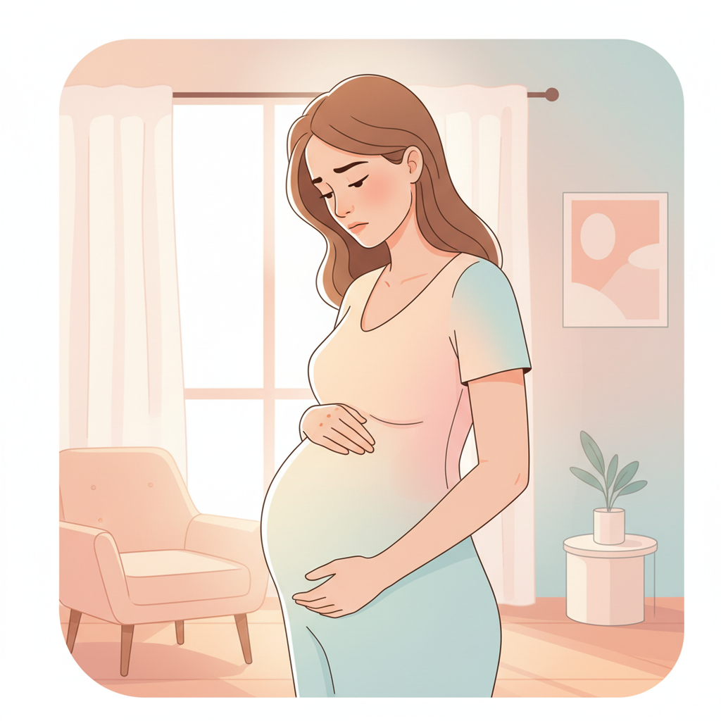 Pregnant woman holding her belly, showing discomfort, in a dimly lit room.