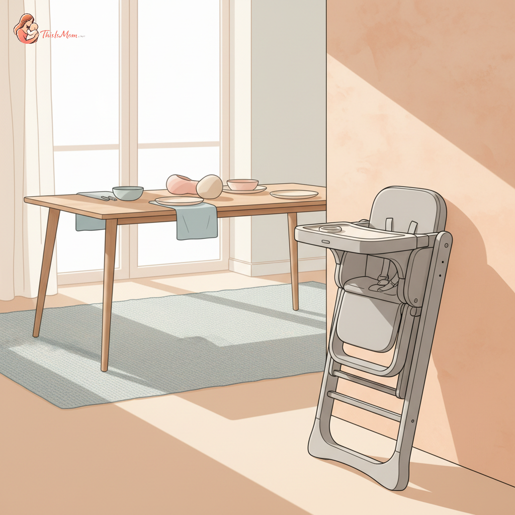 A foldable, compact high chair tucked neatly in a corner of a dining room, with a soft blur of a grandparent and baby in the background.