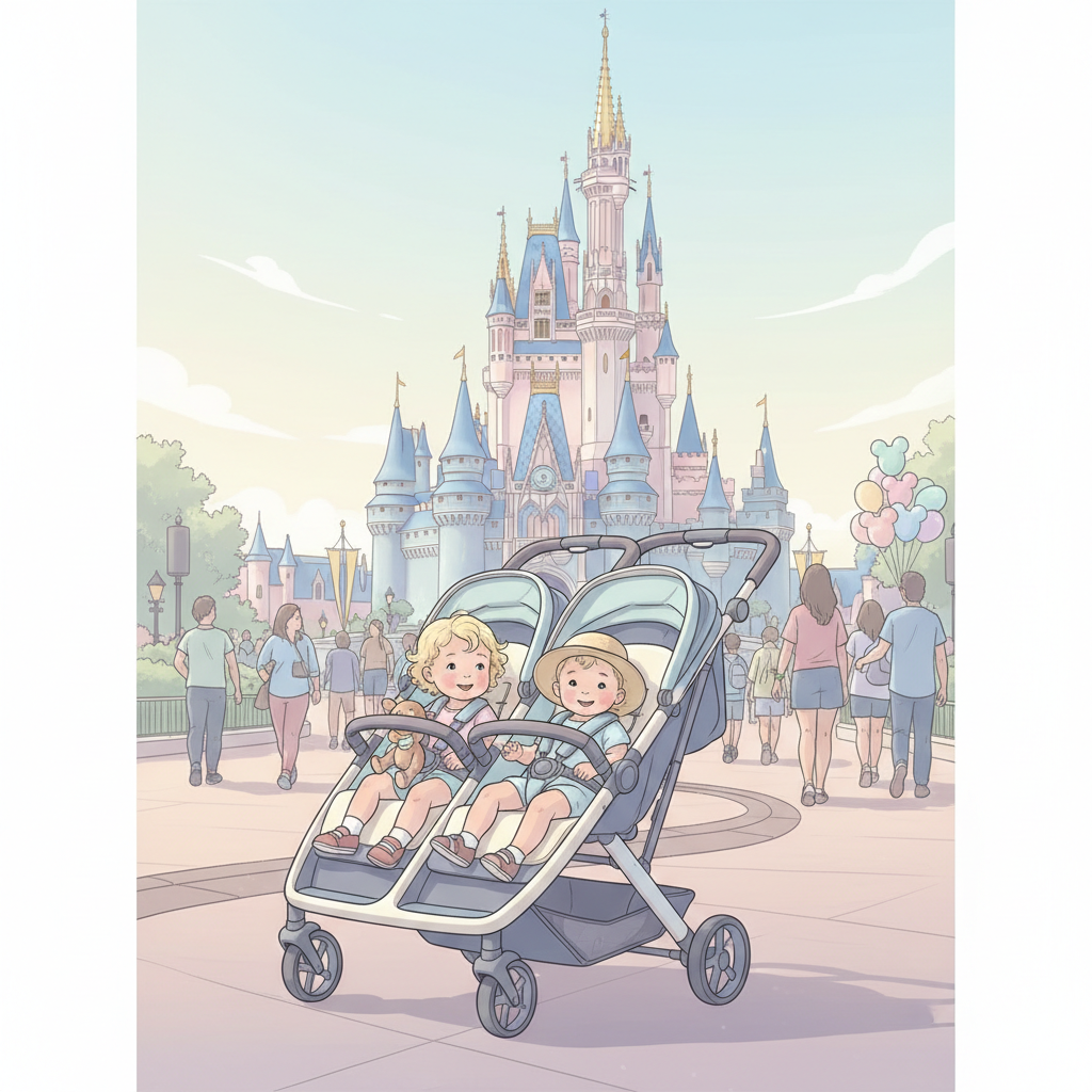 Two young children in a lightweight double stroller, happily looking out at Cinderella's Castle at Disney World, with parents pushing the stroller through a sunny, bustling park crowd.