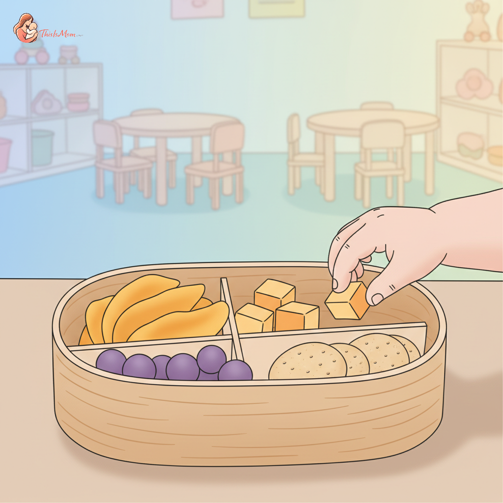 Close-up of a child's hand reaching for a healthy snack from a small, colorful lunchbox, with a blurred daycare setting in the background.