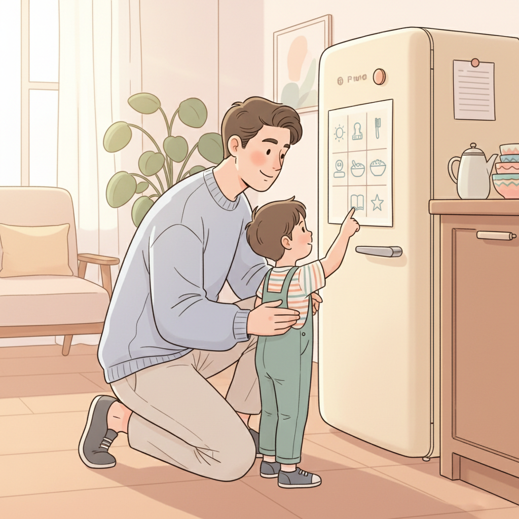 A calm parent and child smiling together while looking at a simple visual routine chart with pictures for home and daycare activities.