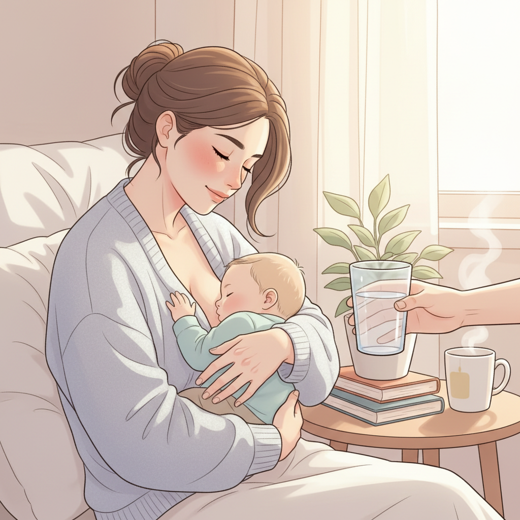 A tired but determined mother, looking a bit unwell but still holding her baby close while breastfeeding, perhaps with a glass of water nearby.