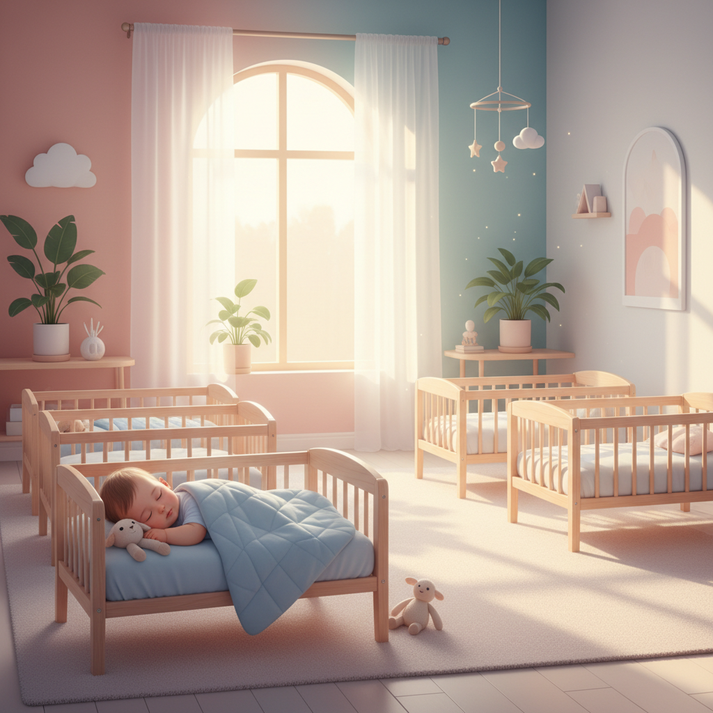 A calm baby sleeping soundly in a daycare crib, with soft light, surrounded by other empty cribs in a peaceful nap room.
