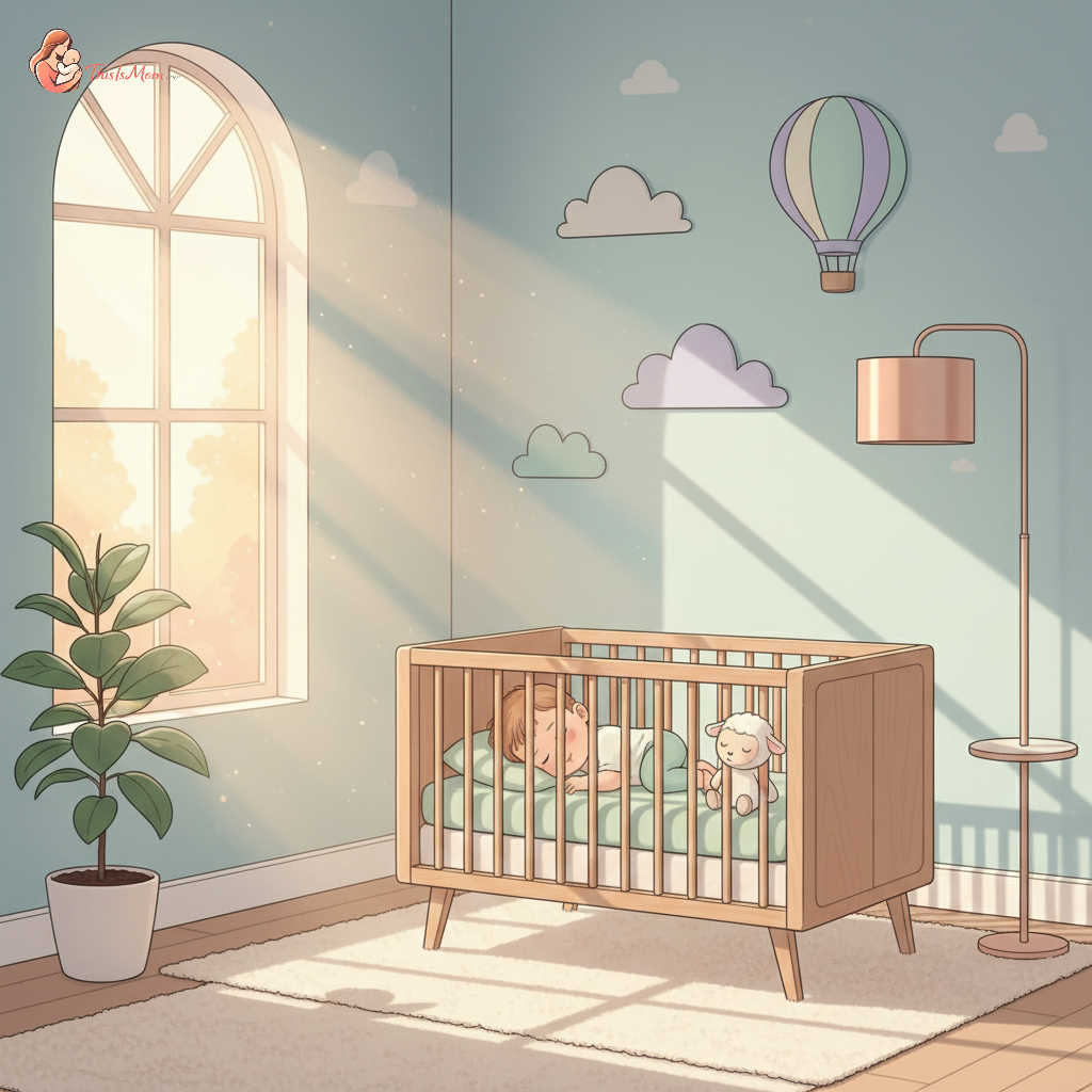 A peaceful baby sleeping soundly in a crib with a soft blanket, surrounded by dim, warm light, representing undisturbed sleep during time changes.
