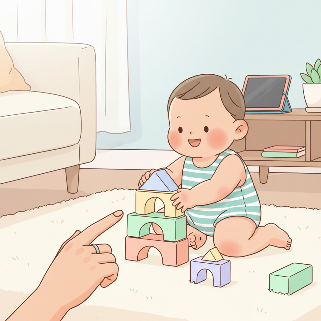 A toddler happily playing with building blocks, while a small, colorful tablet lies face down and off to the side, symbolizing controlled screen time.