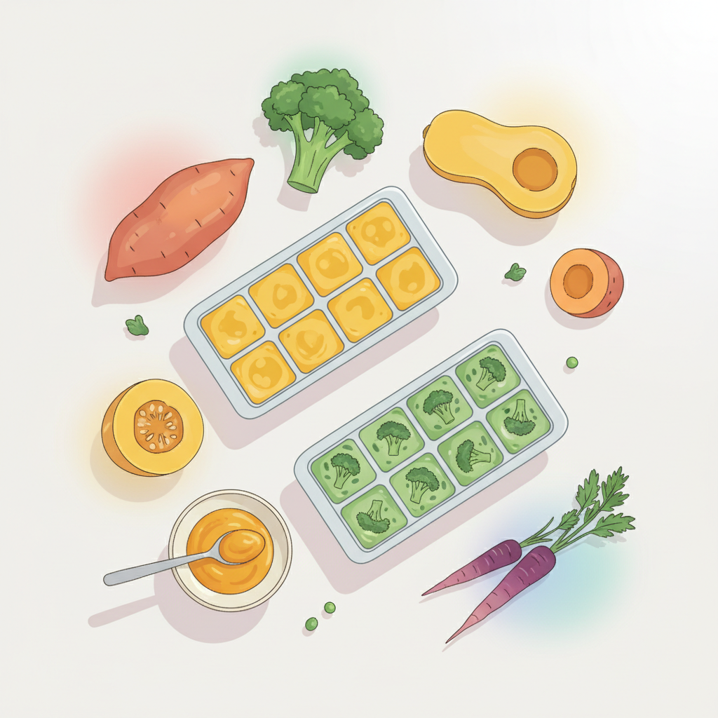 Overhead shot of silicone ice cube trays filled with colorful pureed baby food, ready for freezing, next to fresh vegetables like sweet potato and broccoli, on a clean kitchen counter.