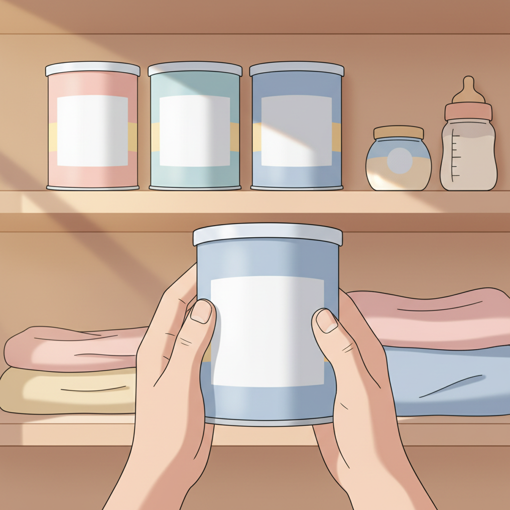 A calm parent gently holding a can of baby formula in a well-organized pantry, with a small, neatly stacked emergency stash visible in the background.