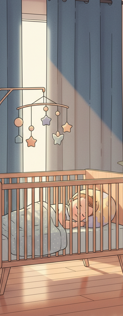 A peaceful baby sleeping soundly in a dimly lit nursery, with a soft ray of morning light just barely peeking through blackout curtains.