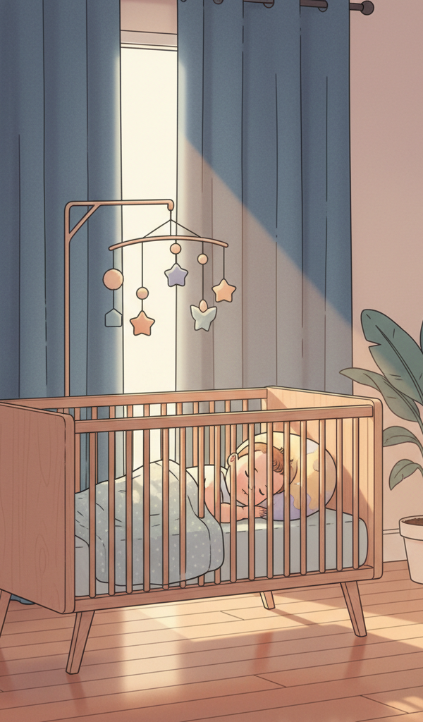 A peaceful baby sleeping soundly in a dimly lit nursery, with a soft ray of morning light just barely peeking through blackout curtains.