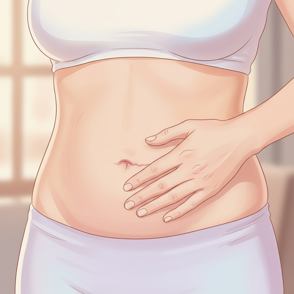 Close-up of a woman's abdomen showing a healing c-section scar with a hand gently resting on it.