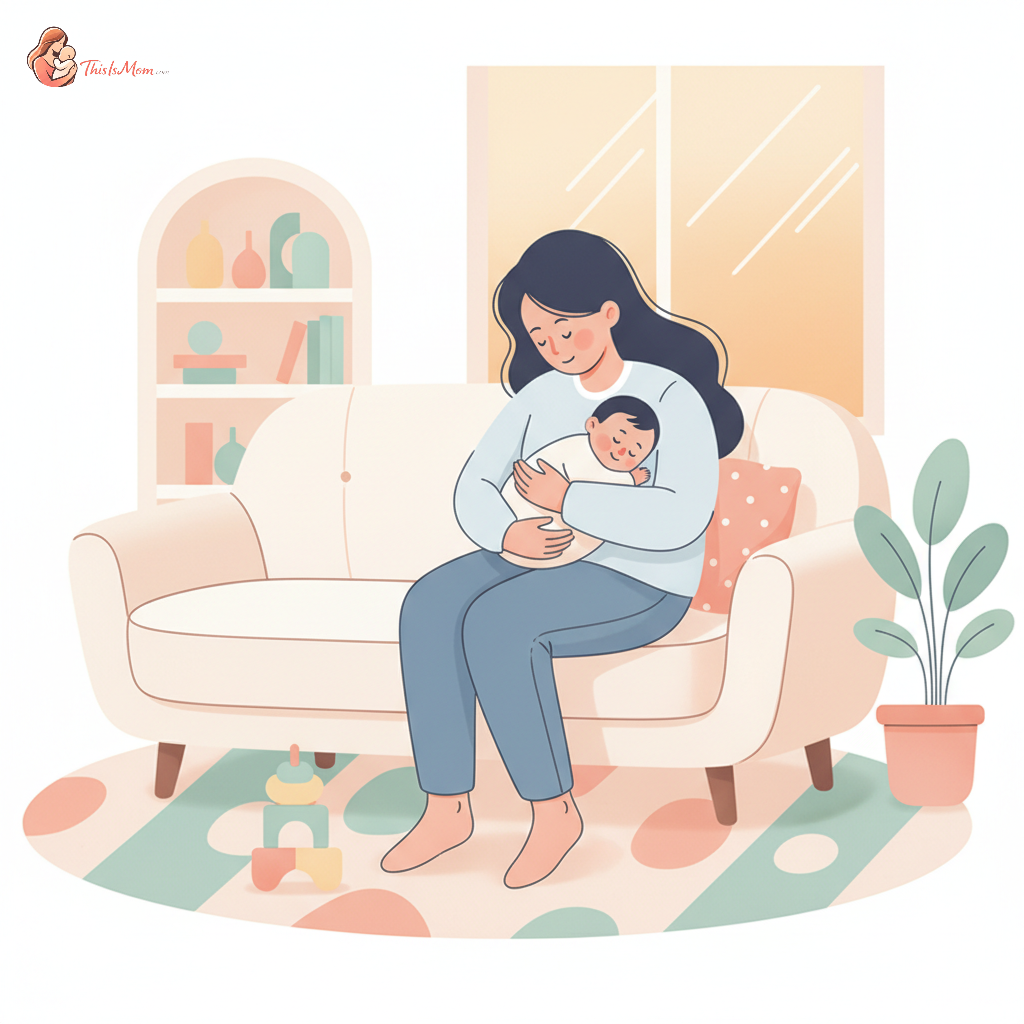 A tired but caring parent holding a snuggly baby with a slight sniffle, surrounded by a warm, cozy home environment, implying comfort and care during illness stages.