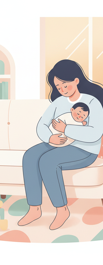 A tired but caring parent holding a snuggly baby with a slight sniffle, surrounded by a warm, cozy home environment, implying comfort and care during illness stages.
