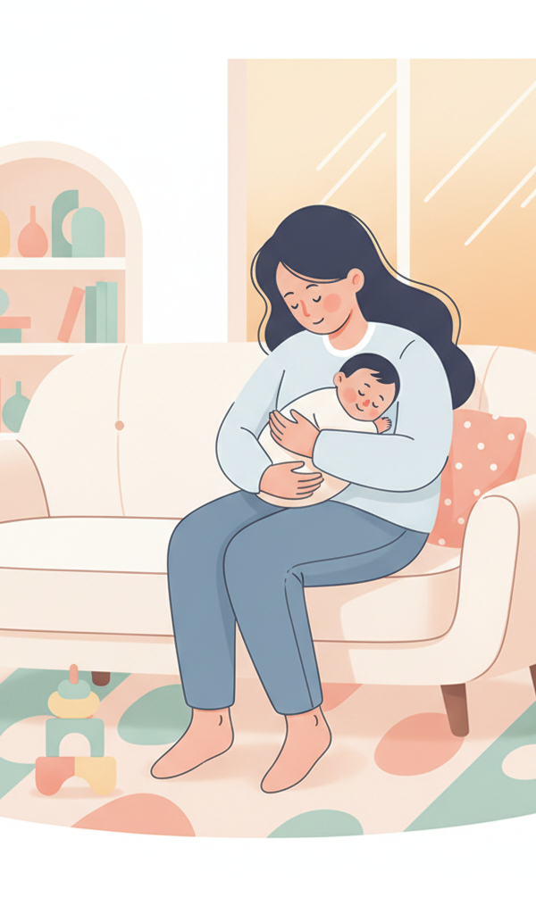 A tired but caring parent holding a snuggly baby with a slight sniffle, surrounded by a warm, cozy home environment, implying comfort and care during illness stages.