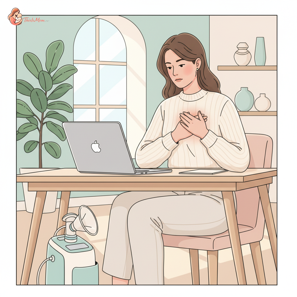 A determined working mother, visibly tired but focused, sitting at a modern office desk with a laptop open, subtly touching her chest with a look of slight discomfort. A breast pump and cooler bag are discreetly placed next to her on the floor.