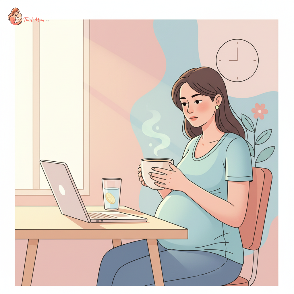 Pregnant woman in her first trimester, visibly tired but determined, at a desk in a modern office environment, perhaps taking a discreet break or sipping water, with a soft, warm light suggesting early morning or late afternoon.
