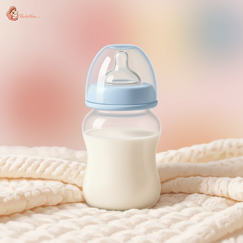A baby bottle filled with formula, resting on a soft blanket, symbolizing security and nourishment for infants during potential shortages.