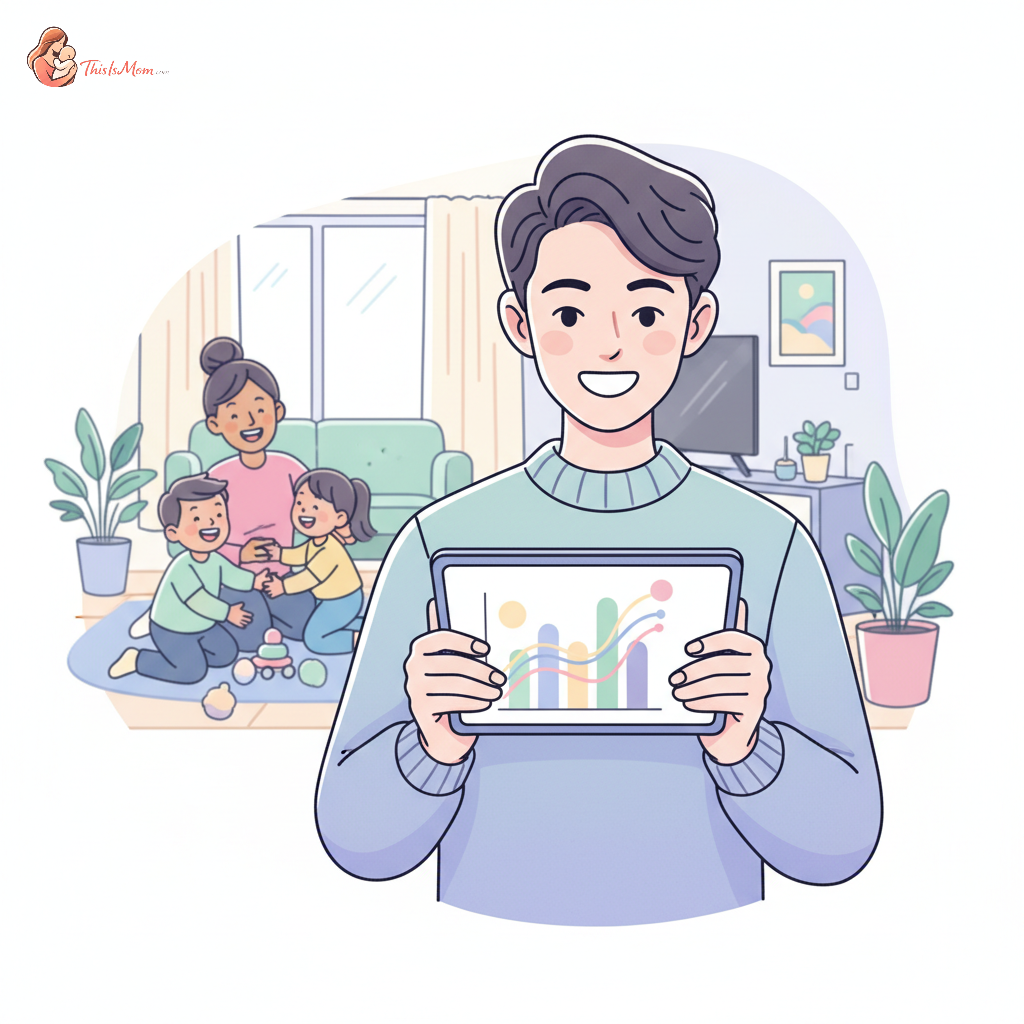 A parent happily paying their nanny with a digital device, while children play happily in the background, signifying stress-free payroll management.