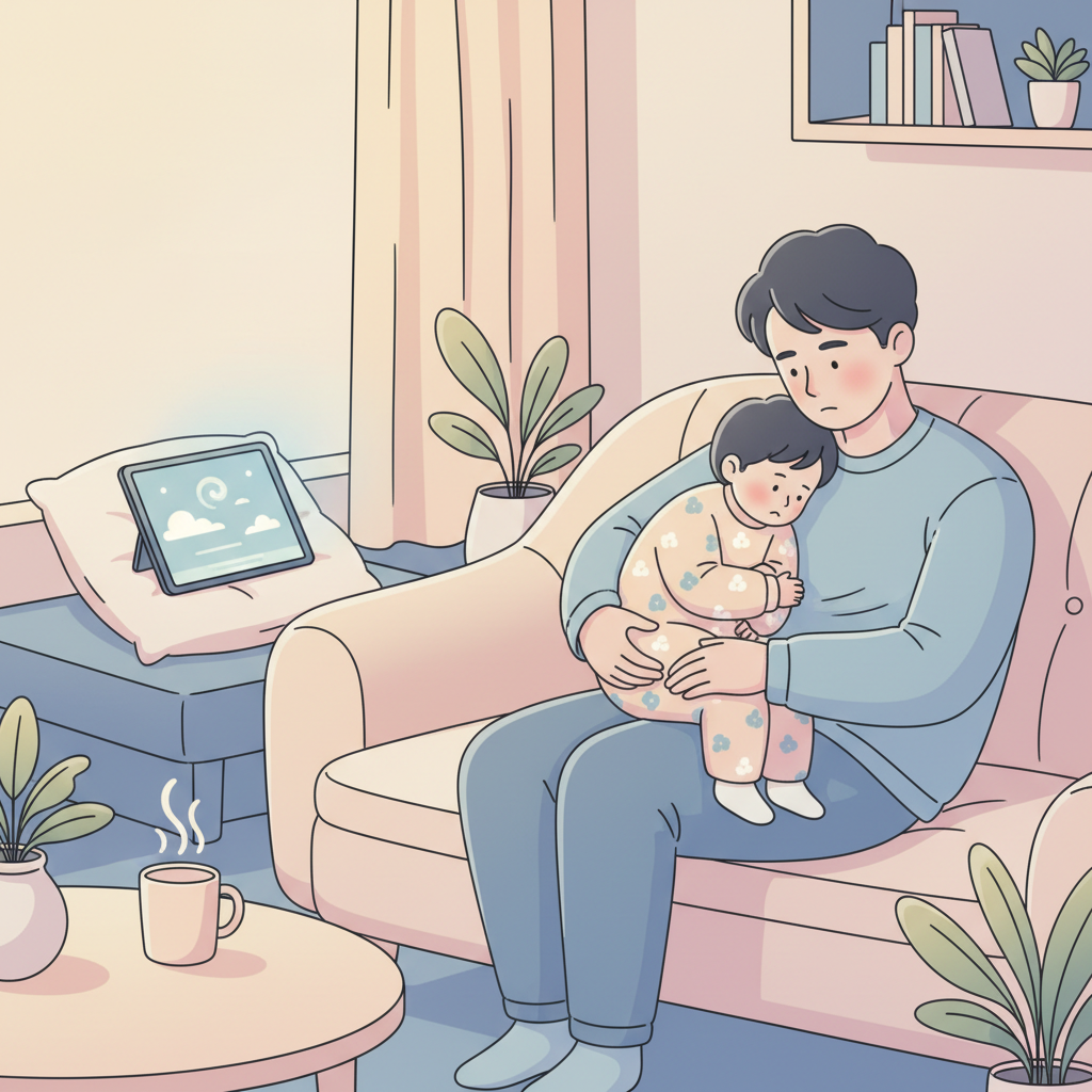 A tired parent gently comforting their sick toddler on a sofa, with a tablet showing a calm, educational cartoon in the background, signaling managed screen time.