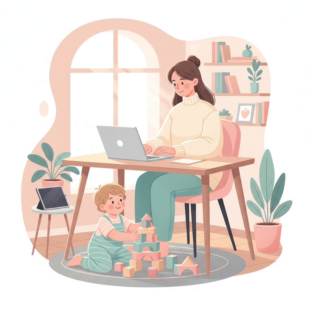 A parent working from home at a laptop, with a toddler playing nearby with educational toys and a tablet visible but not the central focus. The scene should convey a sense of gentle balance and managed chaos.