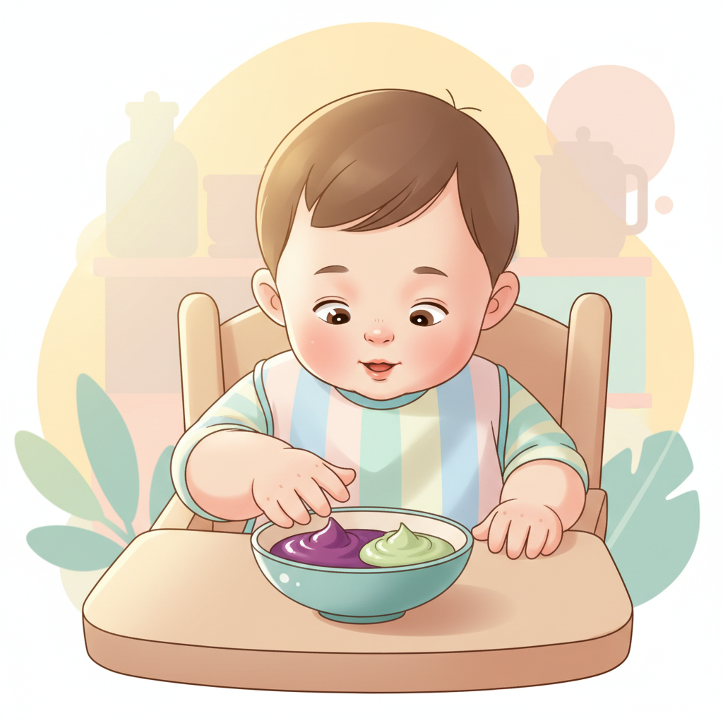 A happy toddler sitting in a high chair, inquisitively looking at a small bowl of colorful pureed fruit, with a parent's hand gently guiding a spoon, suggesting healthy eating and natural remedies for digestive comfort.