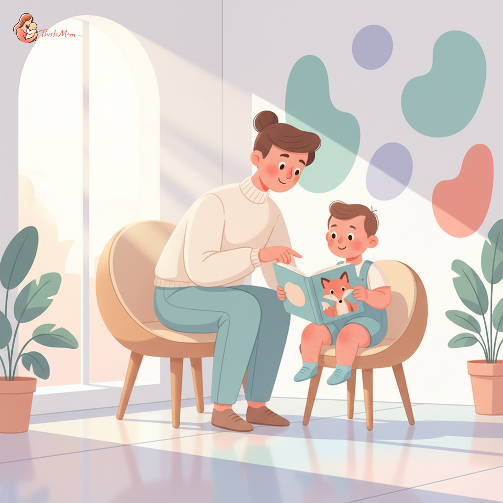 A parent and a toddler engaging with a small board book in a doctor's waiting room, with a soft, natural lighting.