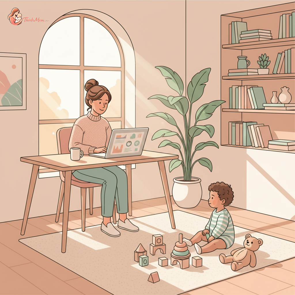 A parent attentively working on a laptop at a home desk, while a happy toddler plays independently with colorful blocks on a rug nearby, respecting personal space yet feeling connected.